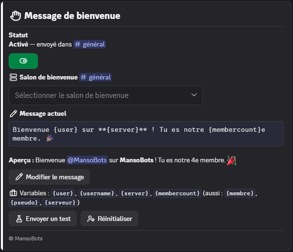 Panneau du message de bienvenue