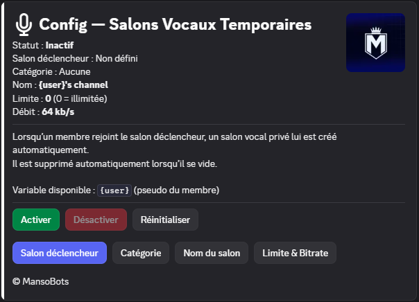 Panneau des salons vocaux temporaires