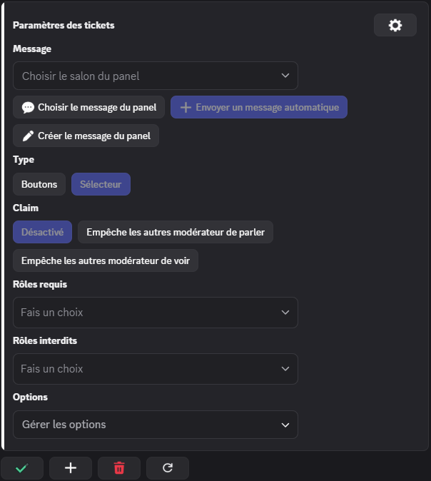 Panneau de paramètres des tickets